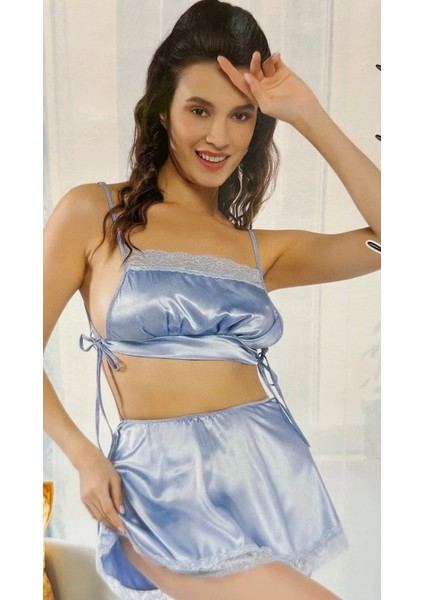 Mavi Saten Kısa Etekli Dantelli Kadın Gecelik Pijama Takımı Seti modelleri