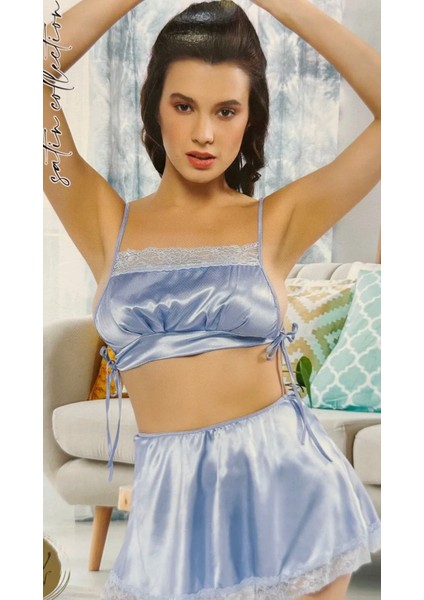 Mavi Saten Kısa Etekli Dantelli Kadın Gecelik Pijama Takımı Seti