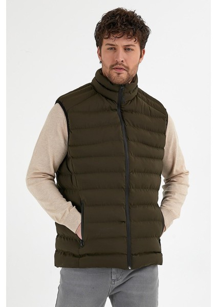 Dik Yaka Slim Fit Erkek Haki Casual Yelek fırsatları