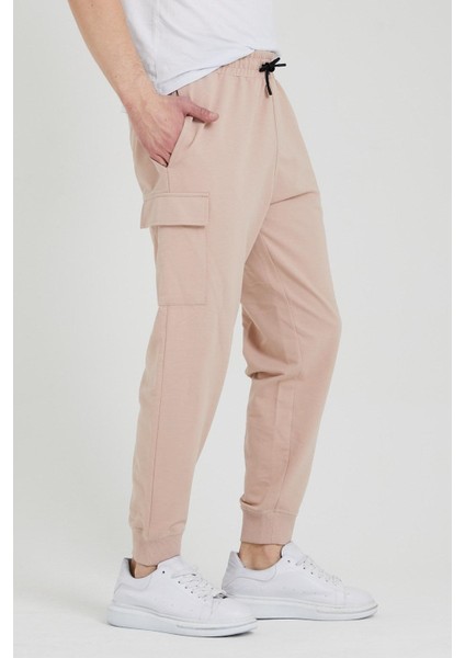 Kargo Cepli Jogger Fit Erkek Pudra Eşofman Altı