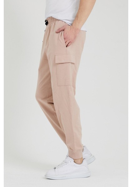 Kargo Cepli Jogger Fit Erkek Pudra Eşofman Altı