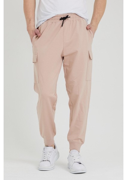 Kargo Cepli Jogger Fit Erkek Pudra Eşofman Altı