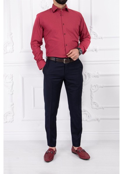 Erkek Slim Fit Dar Yaka Uzun Kol 6 Drop Açık Bordo Gömlek
