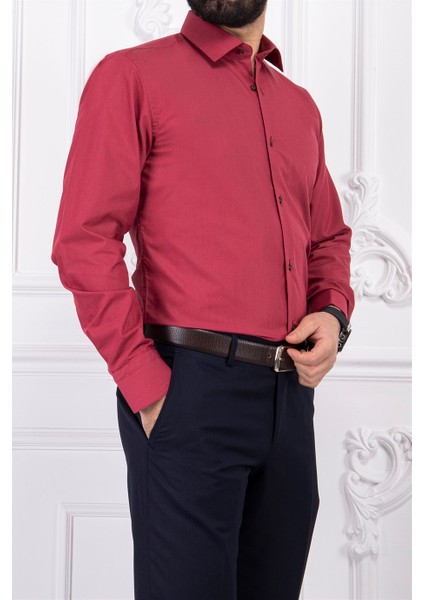 Erkek Slim Fit Dar Yaka Uzun Kol 6 Drop Açık Bordo Gömlek fiyatları