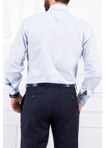 Erkek Slim Fit Dar Yaka Uzun Kol 6 Drop Buz Mavi Gömlek