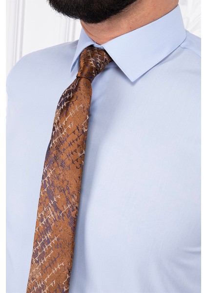 Erkek Slim Fit Dar Yaka Uzun Kol 6 Drop Mavi Gömlek