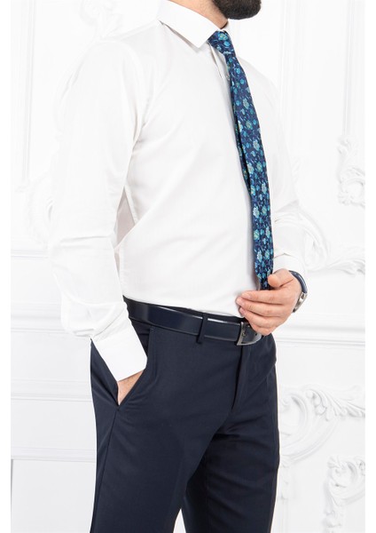 Erkek Slim Fit Dar Yaka Uzun Kol 6 Drop Krem Gömlek