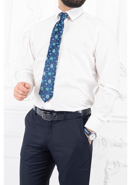 Erkek Slim Fit Dar Yaka Uzun Kol 6 Drop Krem Gömlek