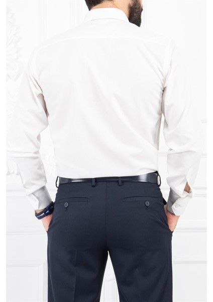 Erkek Slim Fit Dar Yaka Uzun Kol 6 Drop Krem Gömlek