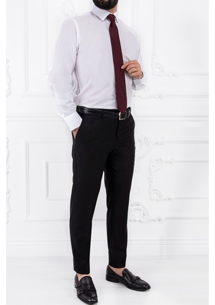 Erkek Slim Fit Dar Yaka Uzun Kol 6 Drop Beyaz Gömlek