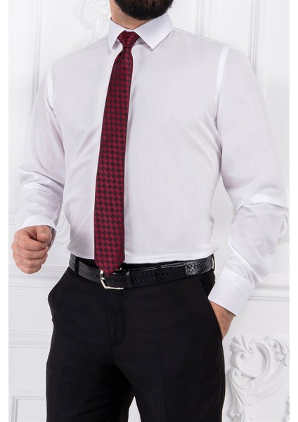 Erkek Slim Fit Dar Yaka Uzun Kol 6 Drop Beyaz Gömlek