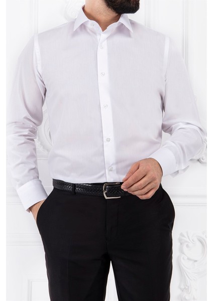 Erkek Slim Fit Dar Yaka Uzun Kol 6 Drop Beyaz Gömlek