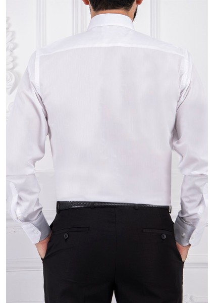 Erkek Slim Fit Dar Yaka Uzun Kol 6 Drop Beyaz Gömlek