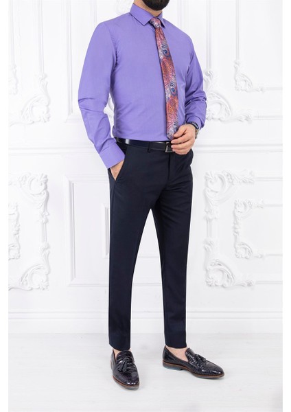 Erkek Slim Fit Dar Yaka Uzun Kol 6 Drop Lila Gömlek