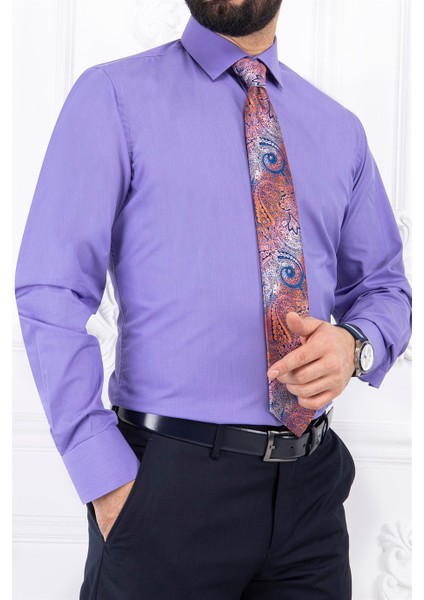 Erkek Slim Fit Dar Yaka Uzun Kol 6 Drop Lila Gömlek
