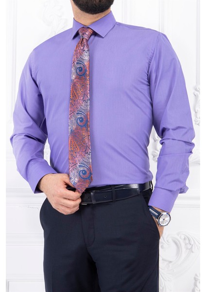 Erkek Slim Fit Dar Yaka Uzun Kol 6 Drop Lila Gömlek