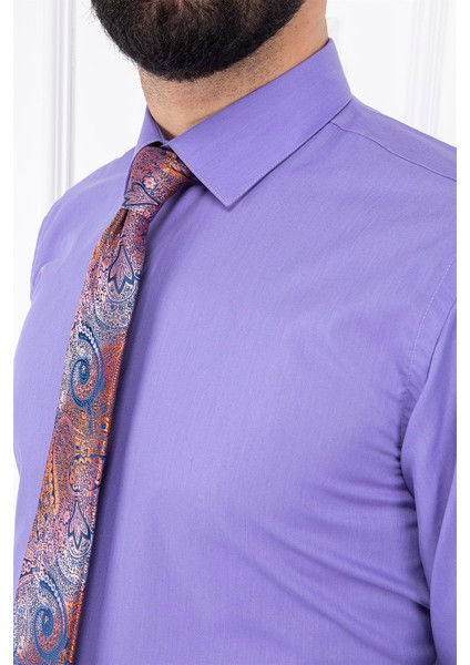 Erkek Slim Fit Dar Yaka Uzun Kol 6 Drop Lila Gömlek