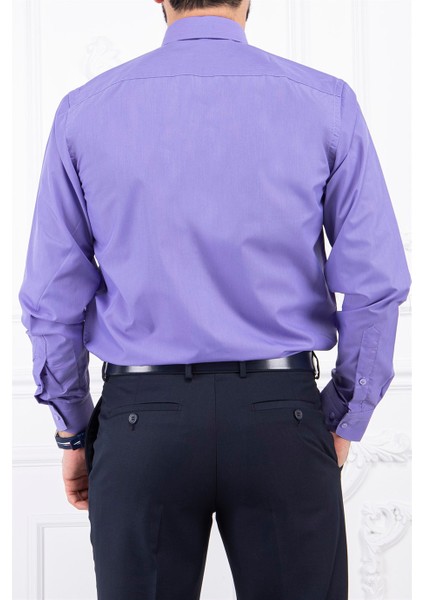 Erkek Slim Fit Dar Yaka Uzun Kol 6 Drop Lila Gömlek