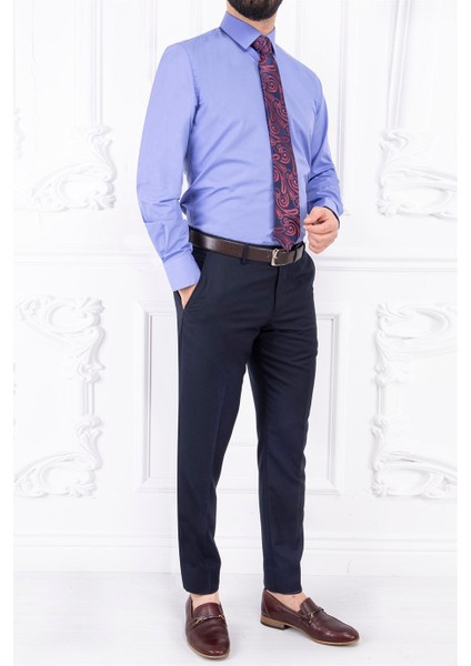 Erkek Slim Fit Dar Yaka Uzun Kol 6 Drop Lila Gömlek