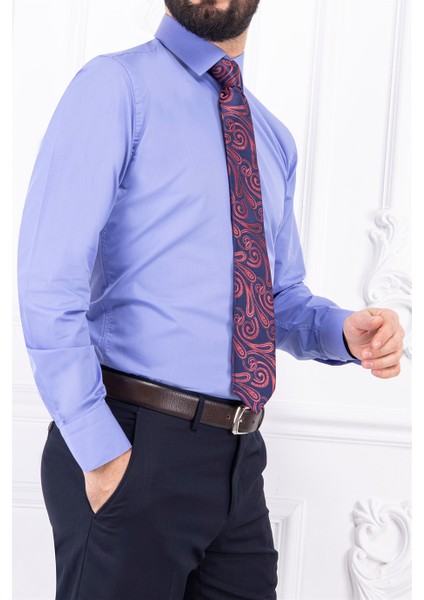 Erkek Slim Fit Dar Yaka Uzun Kol 6 Drop Lila Gömlek modelleri