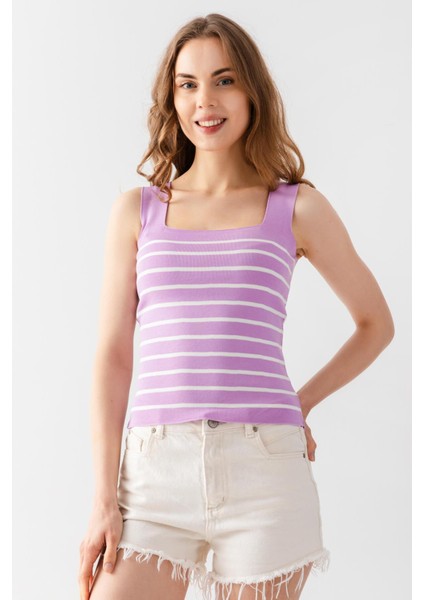 Kare Yaka Çizgili Triko Atlet Triko Bluz 1133 fiyatları