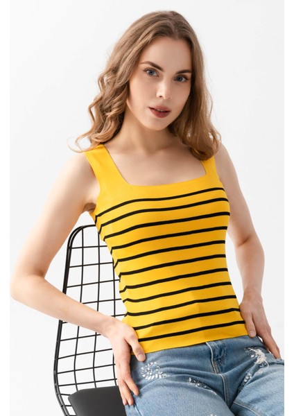 Kare Yaka Çizgili Triko Atlet Triko Bluz 1133