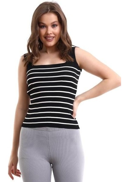 Kare Yaka Çizgili Triko Atlet Triko Bluz 1133 fırsatları