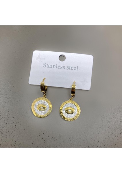 Kalitesi Ile Gold - Beyaz Renk Zirkon Taşlı Göz Detaylı 316 L Stainless Steel Antialerjik Tarzınızı Yansıtacak Şık Çelik Küpe