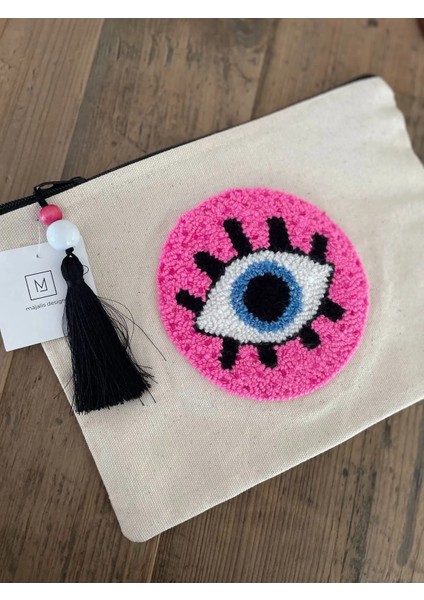 Punch Işlemeli Clutch - Makyaj Çantası, Çift Taraflı, Boncuklu, Göz Desenli, Pembe-Koyu Pembe
