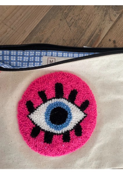 Punch Işlemeli Clutch - Makyaj Çantası, Çift Taraflı, Boncuklu, Göz Desenli, Pembe-Koyu Pembe fiyatları