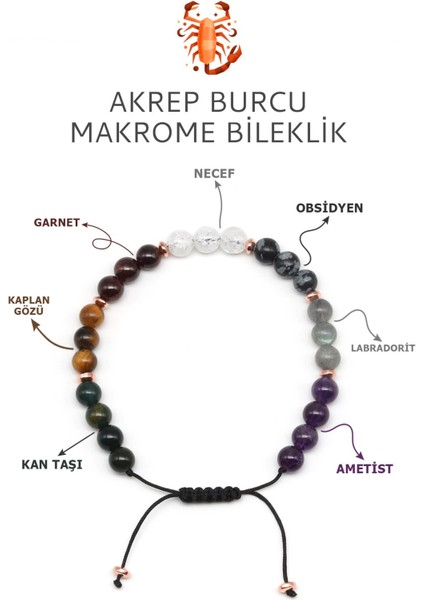Akrep Burcu Taşlarından Oluşan Doğal Taş Makrome Bileklik 6 mm Küre Kesim - Burç Bilekliği