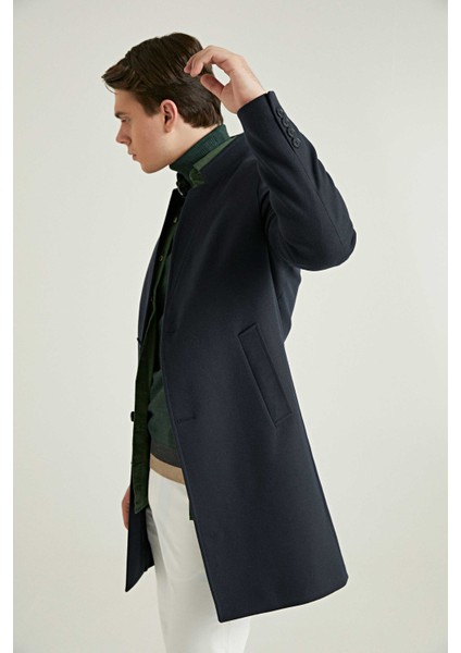 Slim Fit Lacivert Tek Yırtmaçlı Viskonlu Palto modelleri