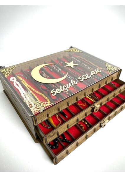 Kişiye Özel Şeffaf Kapaklı Ahşap Tesbih Koleksiyon Kutusu Tespih Kutusu (30 Tesbihlik)
