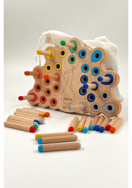 Montessori Eğitici Ahşap Oyuncak – Tak Çıkar Renkli Ahşap Tavus Kuşu Oyuncak