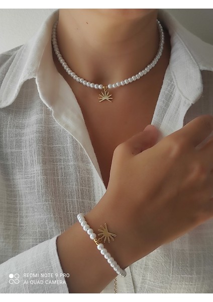 Amabel Jewelerys Güneş Detaylı Cam Inci Kolye ve Bileklik Kadın Takım