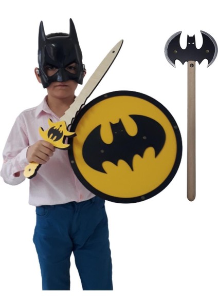 Ahşap Oyuncak Seti 4’lü, Batman Kalkanı, Kılıcı, Baltası ve Maskesi, Yuvarlak