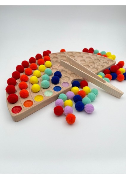 Montessori Eğitici Ahşap Oyuncak – Ahşap Gökkuşağı ve Renkli Keçe Topları