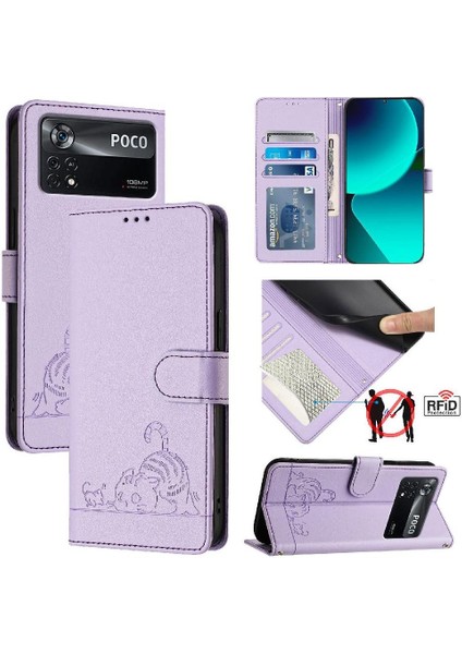 Xiaomi Poco X4 Pro 5g Için Kılıf Cüzdan Kapak Çevirin Kart Yuvası Tutucu Kedi Rfıd (Yurt Dışından)