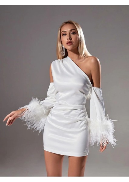 Marguerite-Iı Kol Ucu Tüylü Mini Etekli Asimetrik Kesimli Elbise Mykonos modelleri