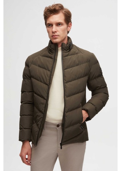 Slim Fit Haki Gizlenebilir Kapüşonlu Elyaf Dolgulu Rüzgar Geçirmez Mont