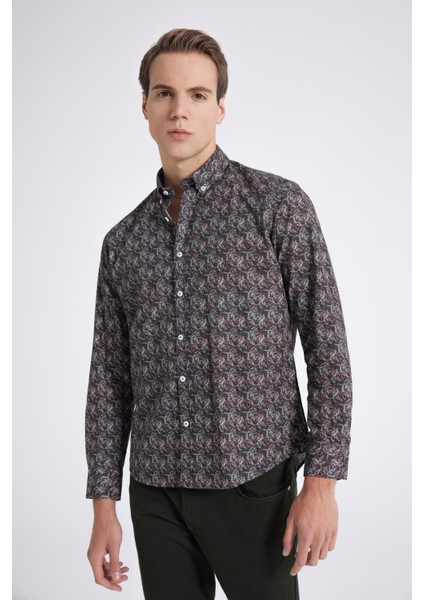 Slim Fit Haki Baskılı Gömlek