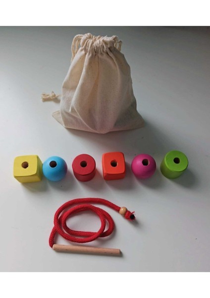 Montessori Ahşap Boncuk Dizme & İp Geçirme Oyunu Renkli modelleri