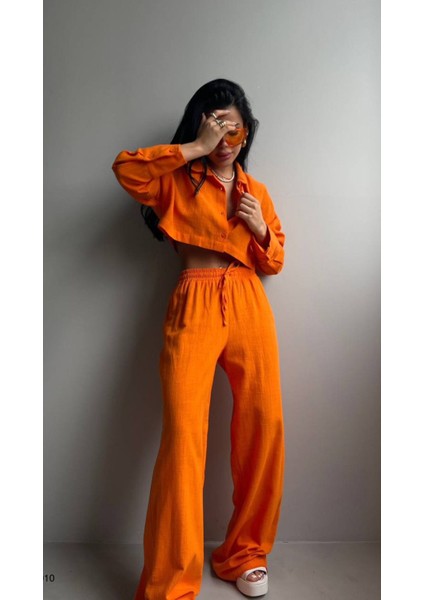 Turuncu Keten Crop Gömlek ve Pantolon Takım fiyatları