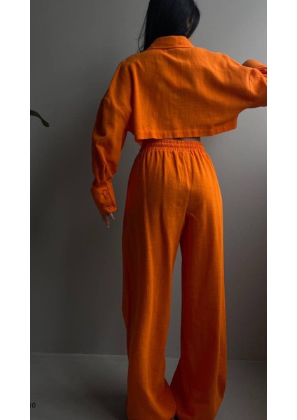 Turuncu Keten Crop Gömlek ve Pantolon Takım modelleri