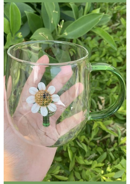 Borasilikat Kulplu Kahve Bardağı Su Bardak 4d Papatya Figürlü Isıya Dayanıklı Kawaii Kupa 350ML
