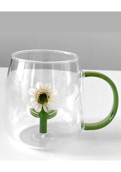 Borasilikat Kulplu Kahve Bardağı Su Bardak 4d Papatya Figürlü Isıya Dayanıklı Kawaii Kupa 350ML