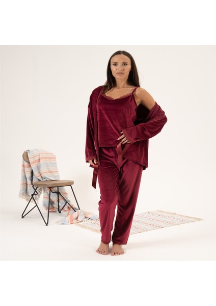 3'lü Ip Askılı Sabahlıklı Kadife Bayan Pijama Takım fiyatları