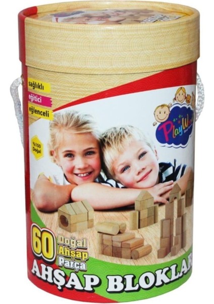 Playwood Silindir Kutuda Doğal Ahşap Bloklar 60 Parça TRU-231
