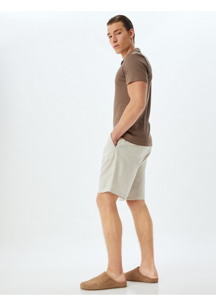 Keten Karışımlı Şort Skinny Chino Cep Detaylı Düğmeli