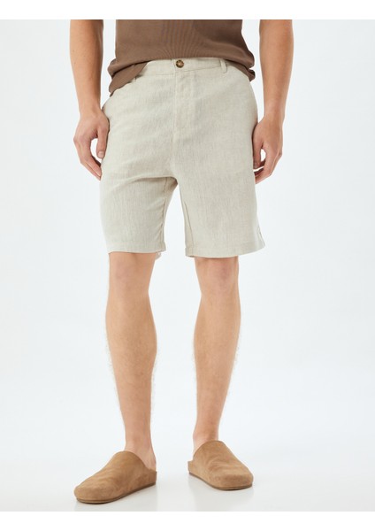 Keten Karışımlı Şort Skinny Chino Cep Detaylı Düğmeli